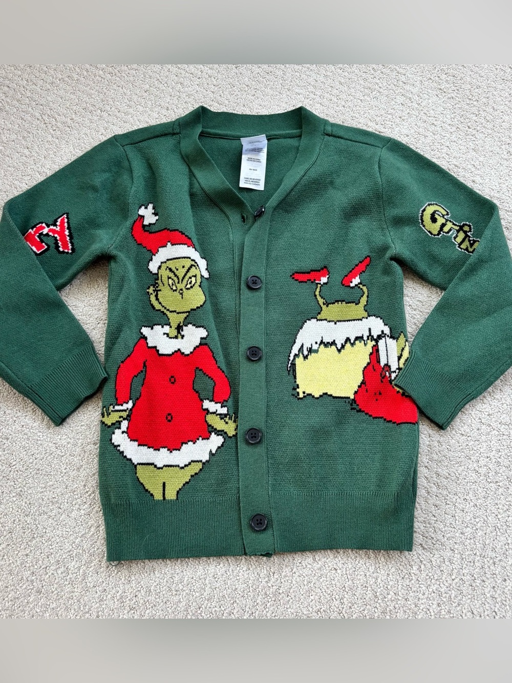 Green Grinch-Themed Kids Cardigan Sweater